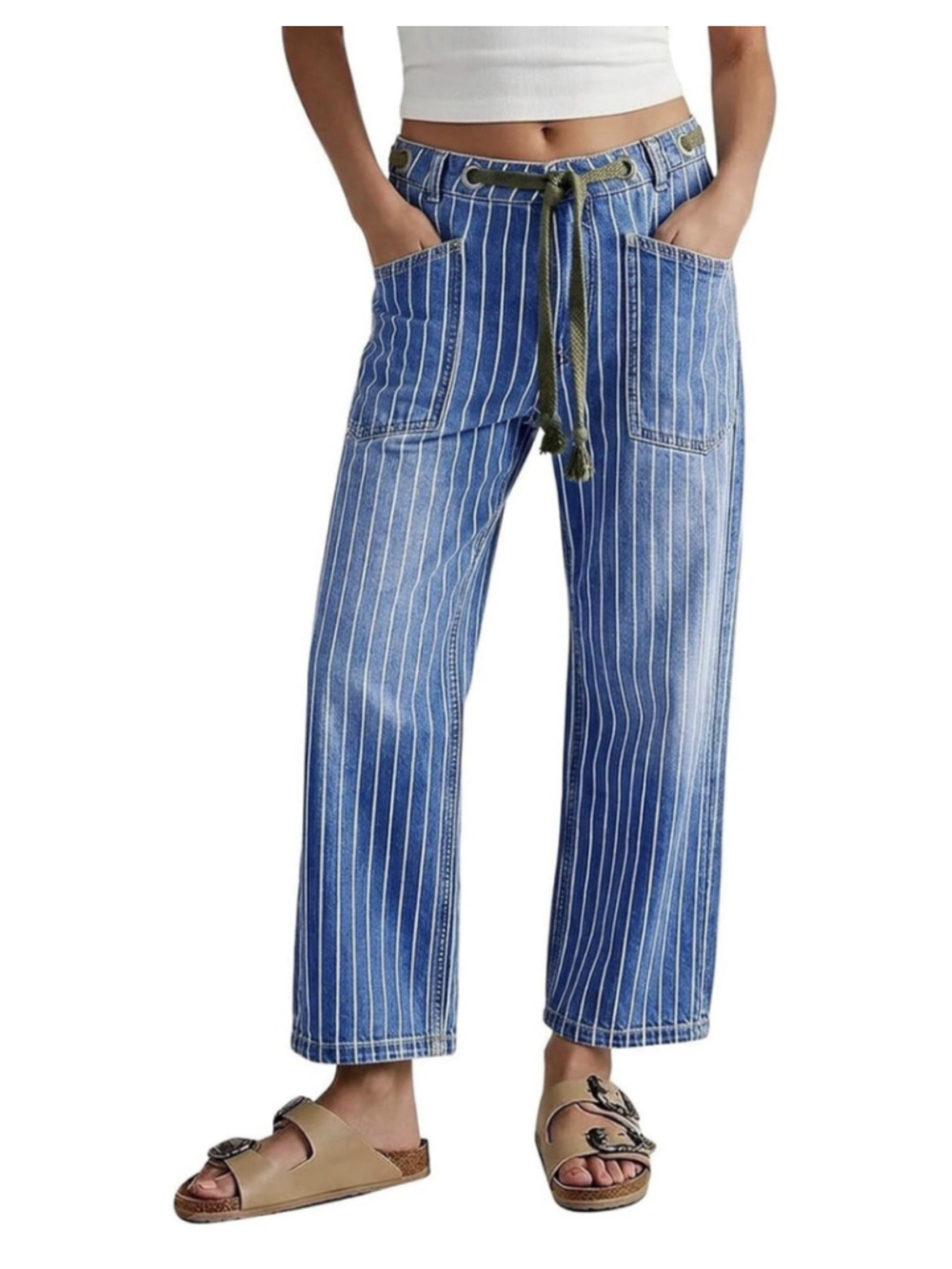 Flamingals High Waist Barrel Leg Jeans for Women Pinstripe Drawstring L